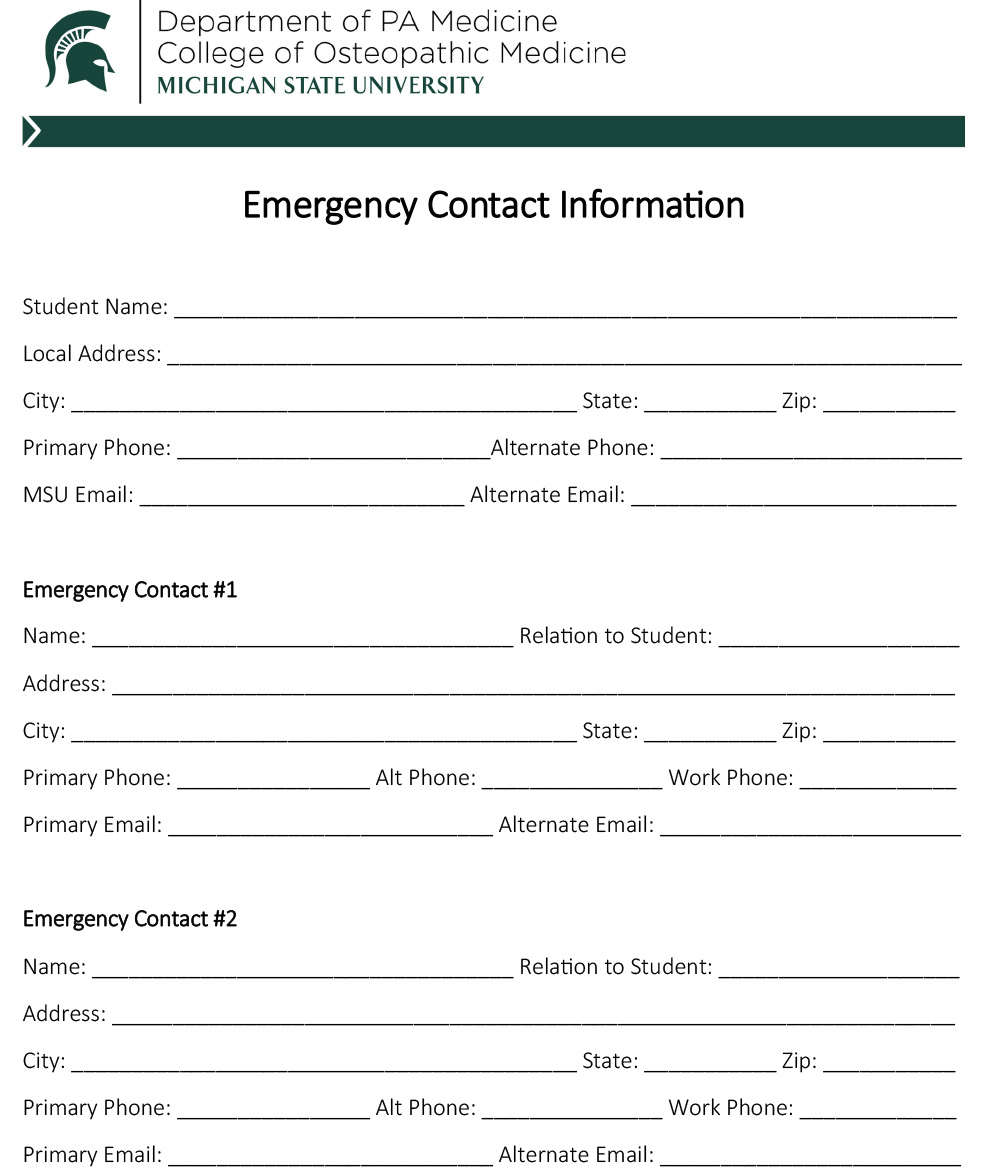 Emergency Contact Information Form. Contact PA for an accessible version.
