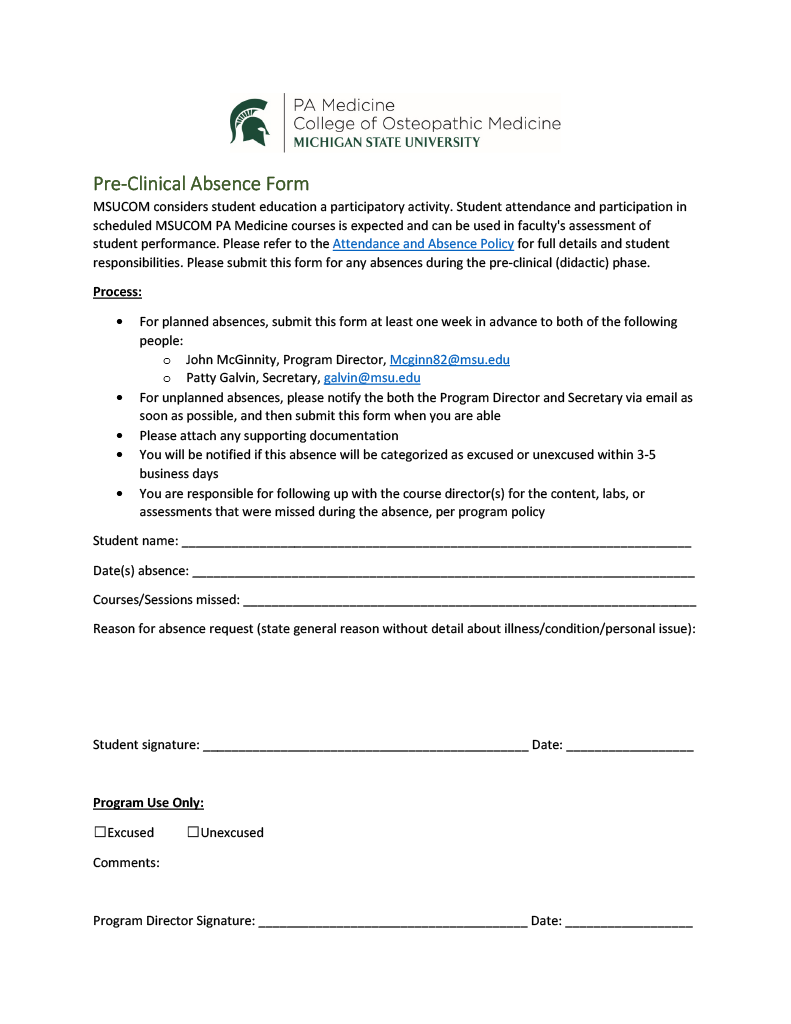 Pre Clinical Excused Absence Request Department Of PA Medicine